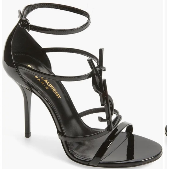 YVES SAINT LAURENT YSL OPYUM BLACK PATENT ANKLE STRAP SANDALS - Picture 1 of 7